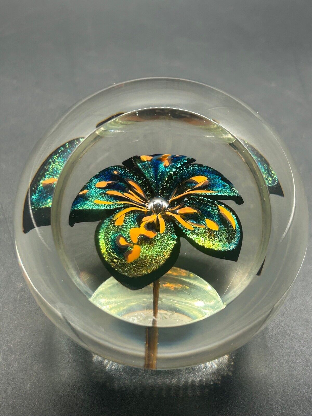 \'03 GES Glass Eye Studio Art Glass Faceted Dichroic Black Flower Paperweight HTF