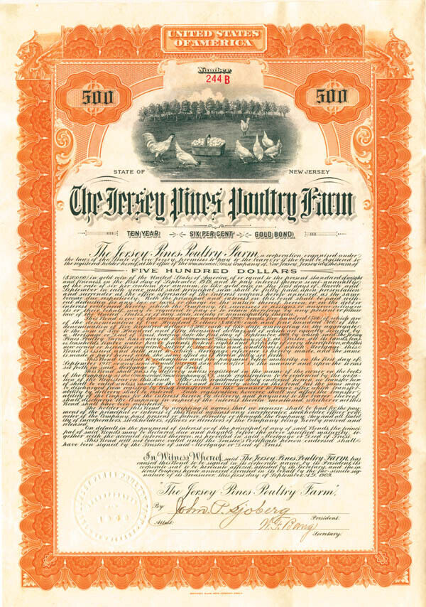 Jersey Pines Poultry Farm Co. - Bond - Animals on Stocks and Bonds