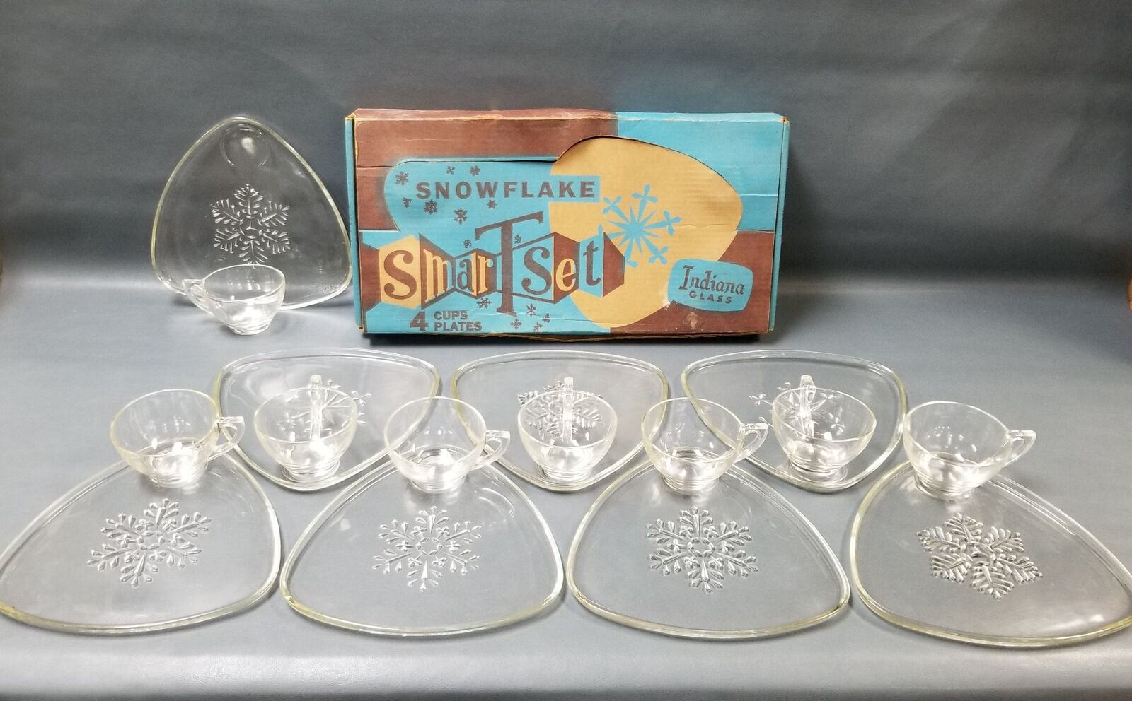 Vintage Indiana Glass Snowflake Smart set, Snack Set, Set of 8 cups and plates