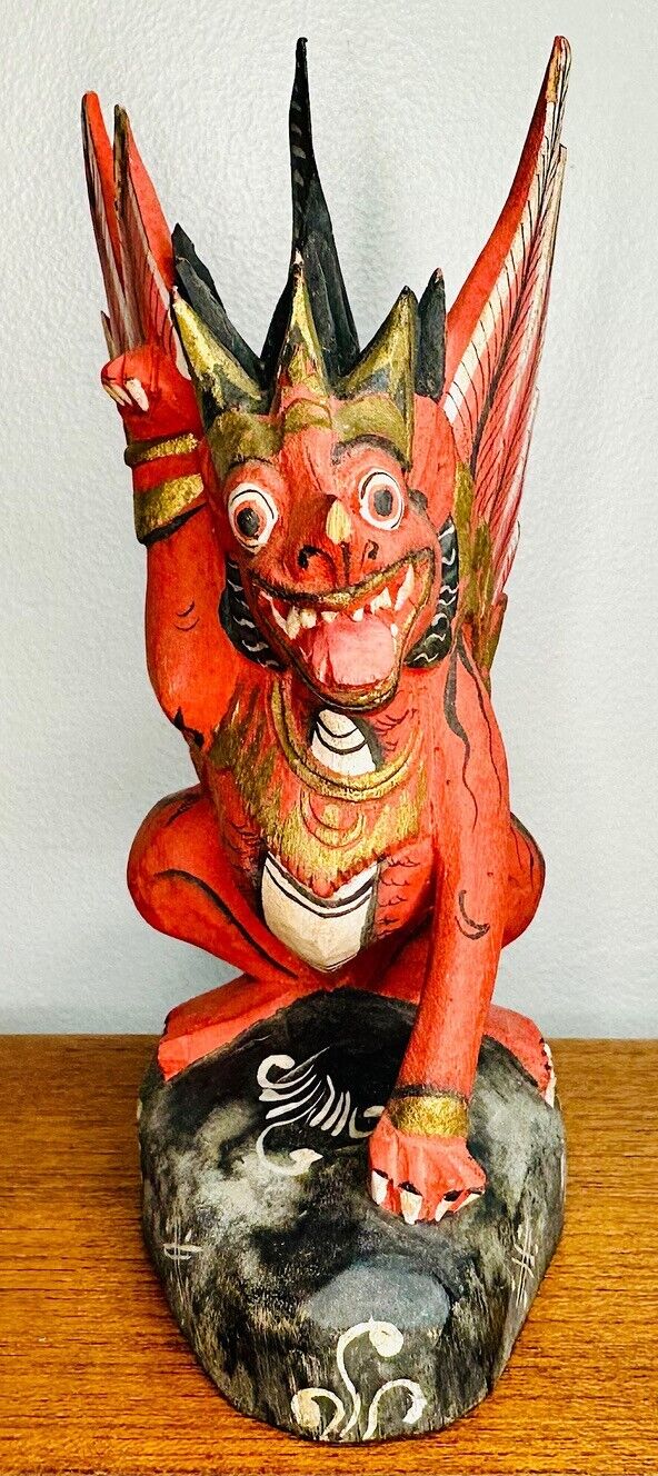 VTG 50s Balinese Singa Barong Winged Lion Statue Wood Carving Sculpture Bali Art