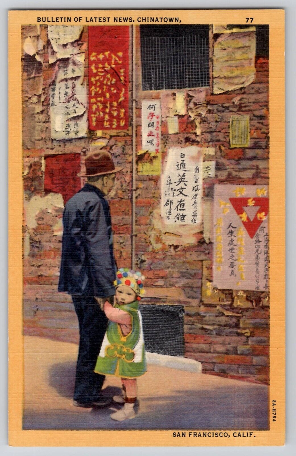 Chinatown Father Child Girl Latest News Chinese San Francisco CA Linen Postcard