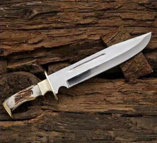 Custom Handmade D-2 Tool Steel Camping Hunting Bowie Knife in Stag Horn Handle.