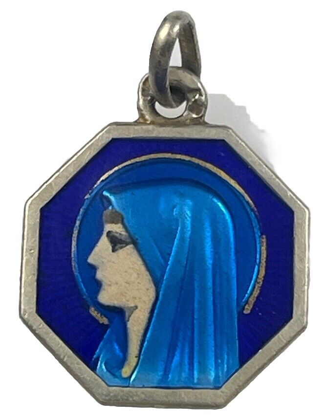 Vintage Catholic Our Lady Of Lourdes  Blue  Painted Enamel Religious Medal