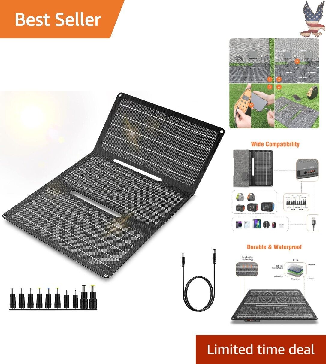 High Efficiency Waterproof 30W Solar Panel Charger - Portable - USB & DC Output