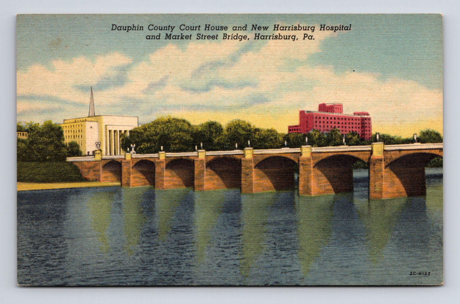 Postcard Harrisburg PA Penn Market Street Bridge Court House Hospital