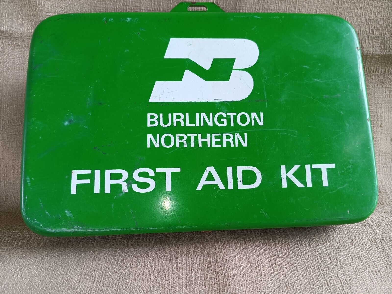 Vintage Burlington Northern Railroad Metal First Aid Kit 8” x 5” With Contents