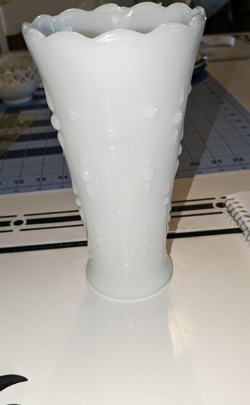 Vintage White Milk Glass Embossed Design Scalloped Edge Vase Teardrop