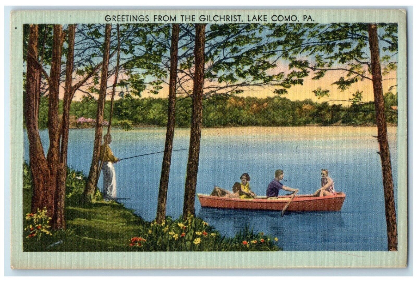 1946 Greetings From Gilchrist Canoe Boat Lake Como Pennsylvania Vintage Postcard