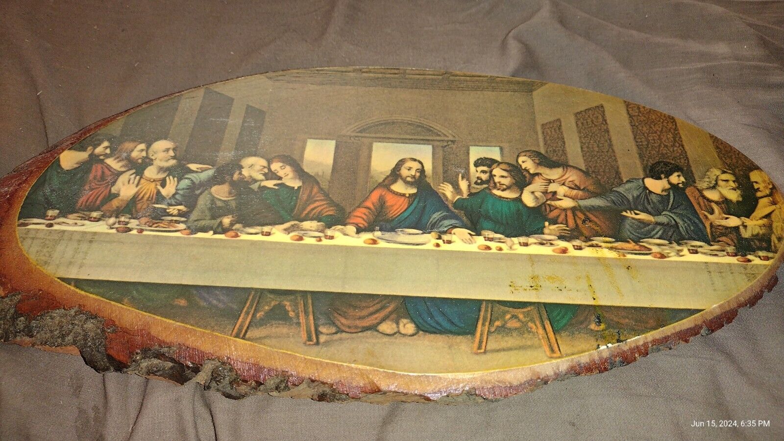 Vintage The Last Supper on Live Edge Cedar Wood Slab Wall Art 13-1/4” X 7”
