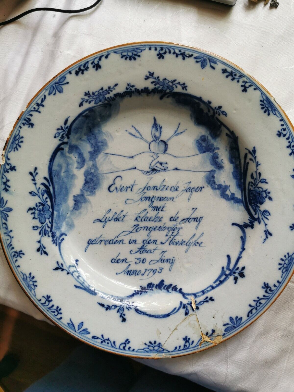 Old Antique 1793 Delft Blue Wedding Plate VERY RARE  18TH Century pottery