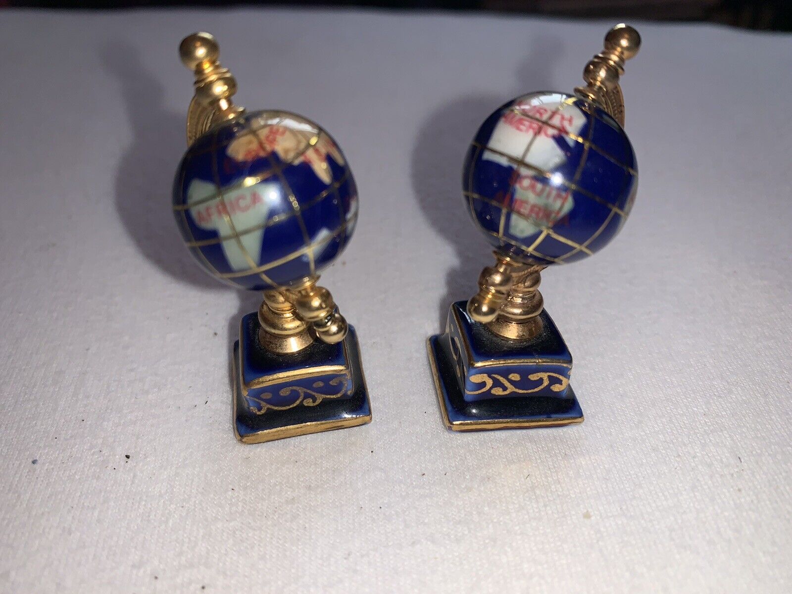 2 mini miniature world globes enameled beautiful