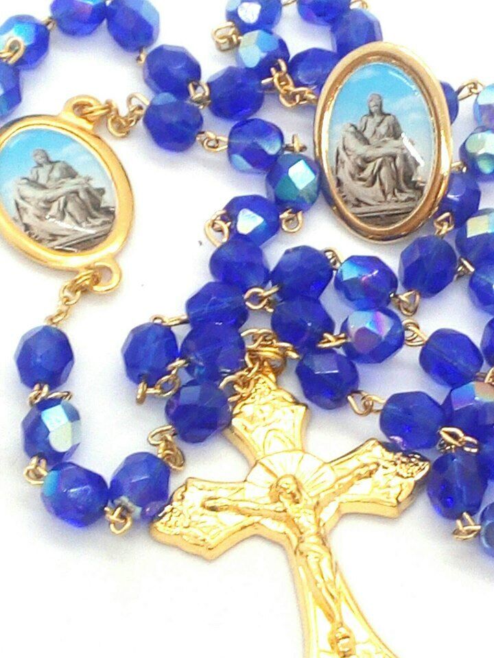 'The Pieta' Blue Italian Crystal Rosary Beads - FREE Pin - Stamped Made in Italy