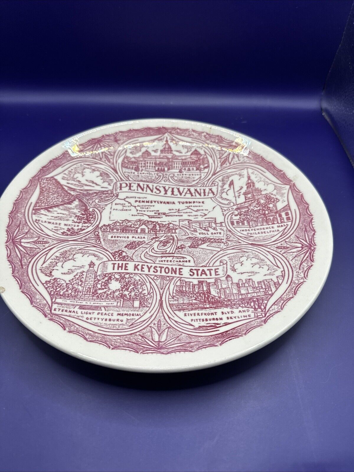 Vintage Red Pennsylvania The Keystone State Souvenir Plate Turnpike 7.5”