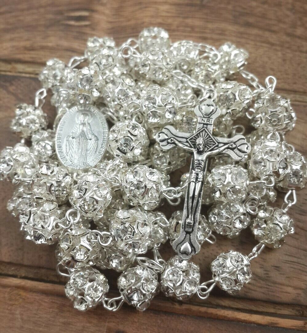 White Clear Zircon Crystal Beads Rosary Catholic Necklace Miraculous Medal Cross