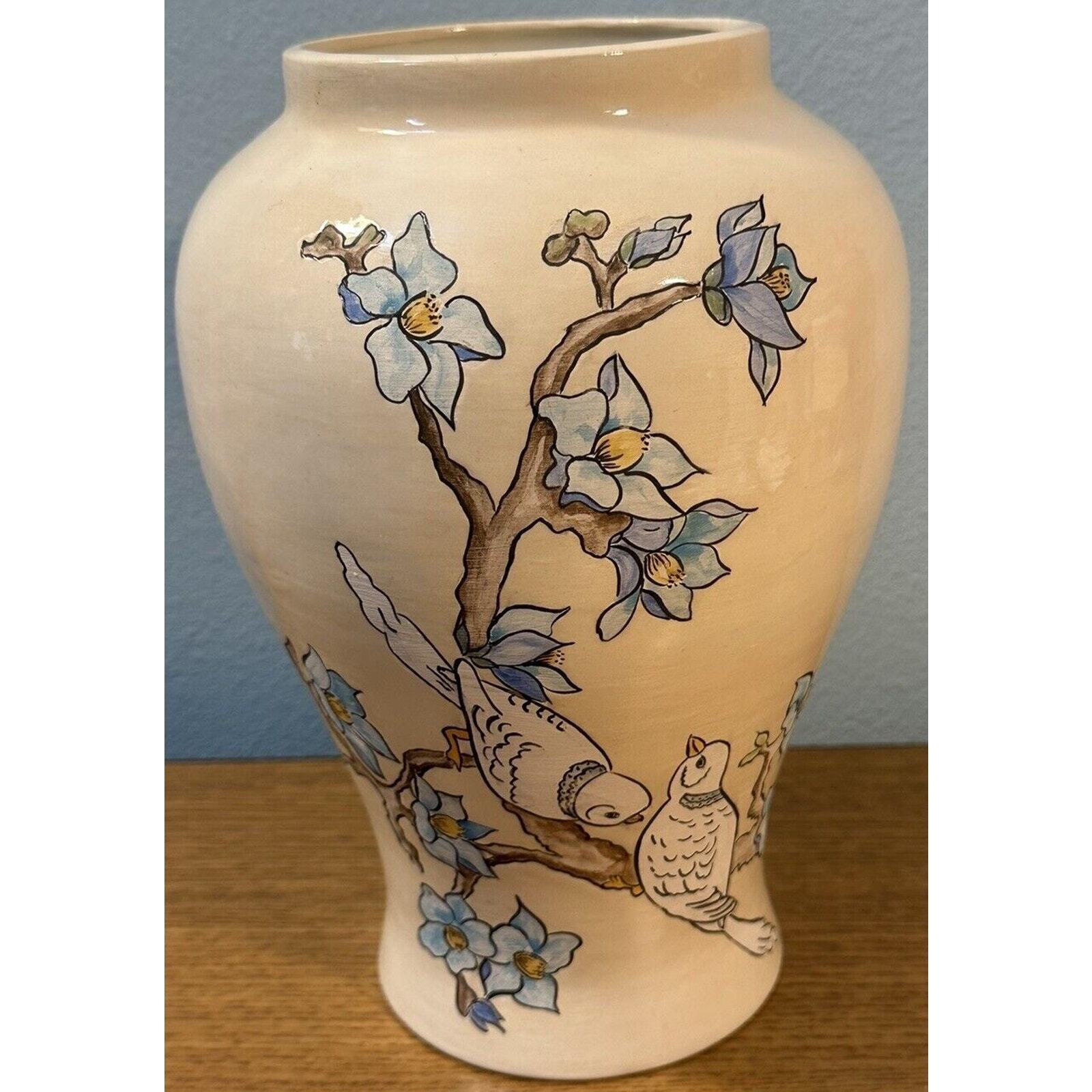 Vintage Hand Painted Large Vase Flowered Tree & Birds Doves EUC