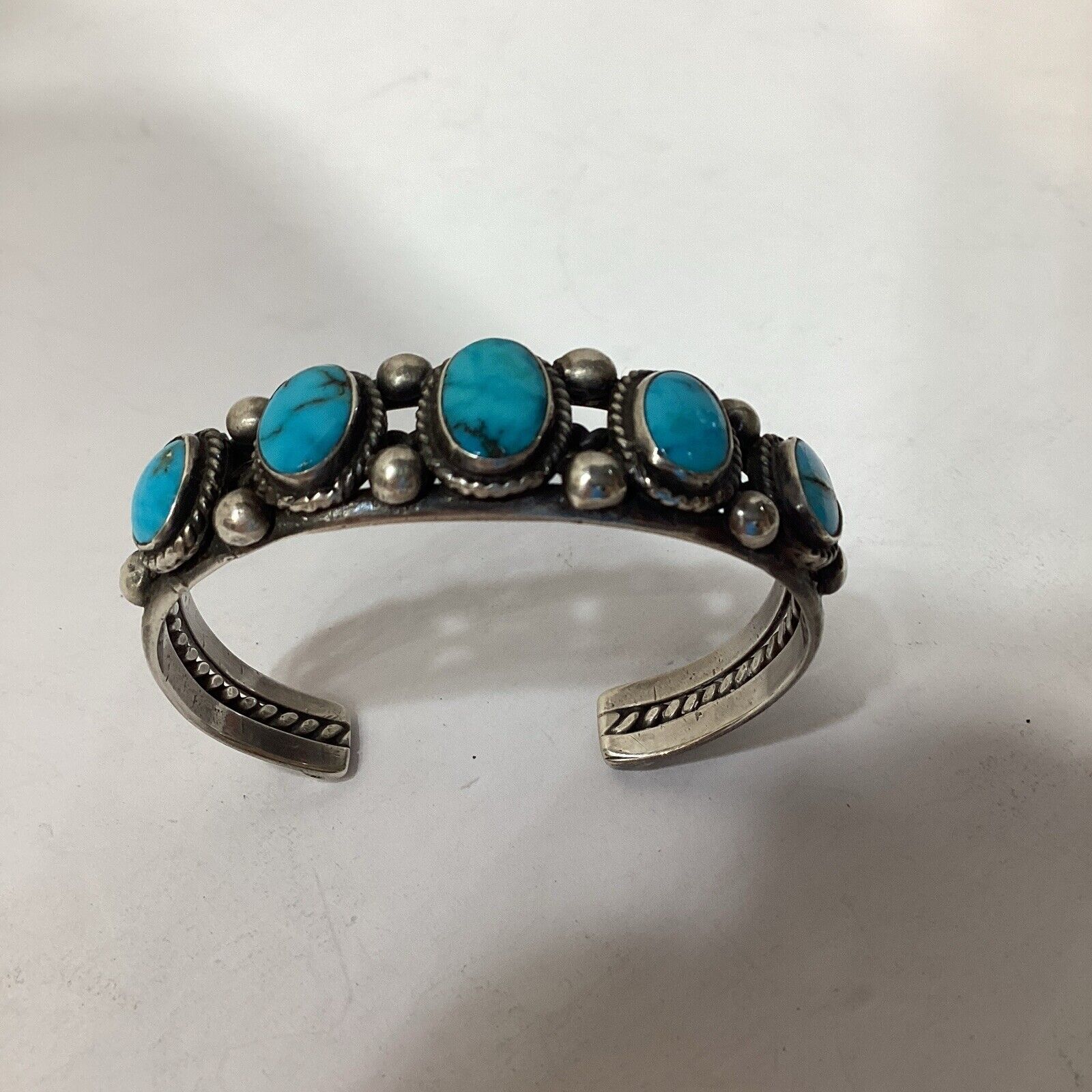 1960’s  Navajo Bisbee 5 Stone Turquoise silver Child’s bracelet 24 g 5 1/4”cir