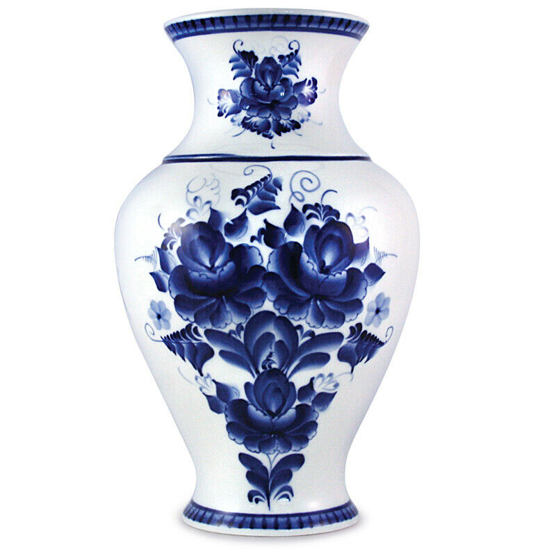 Gzhel Porcelain Vase with Blue Flowers Pattern,Russian Handmade Гжель Ваза 9.6\