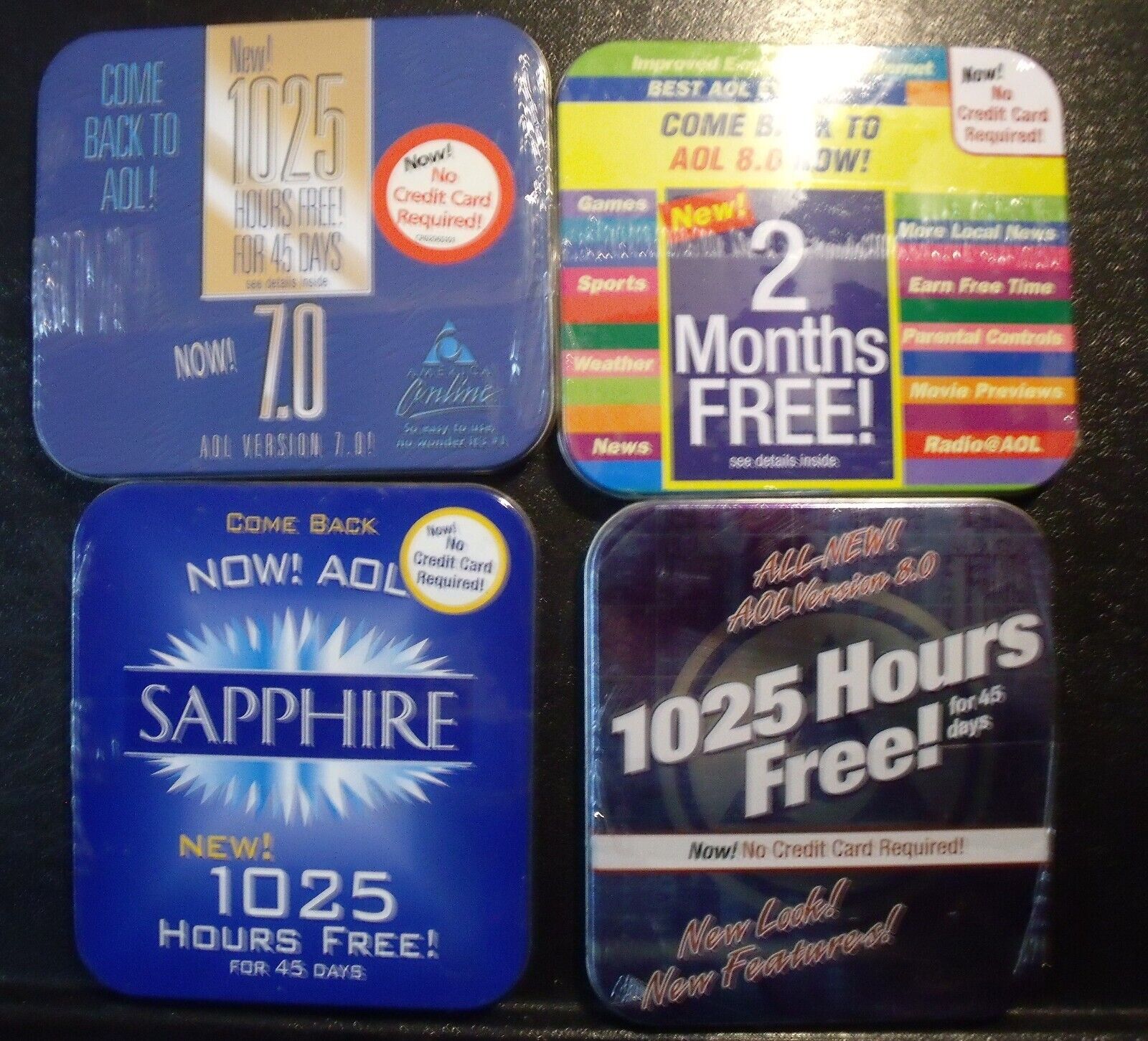 AOL America Online  CD 4 Vintage Disks Version 7.0 +SAPPHIRE   SEALED Tin Boxes