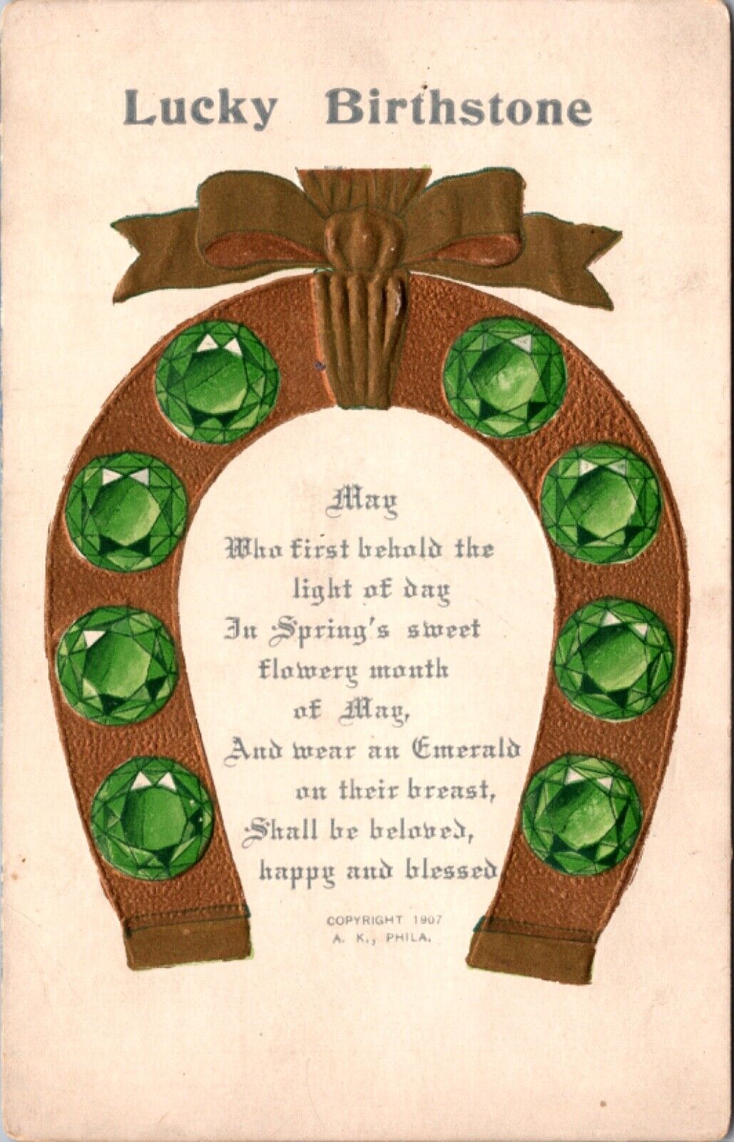 1907 Postcard Horseshoe Lucky Birthstone MAY Emerald Gemstone
