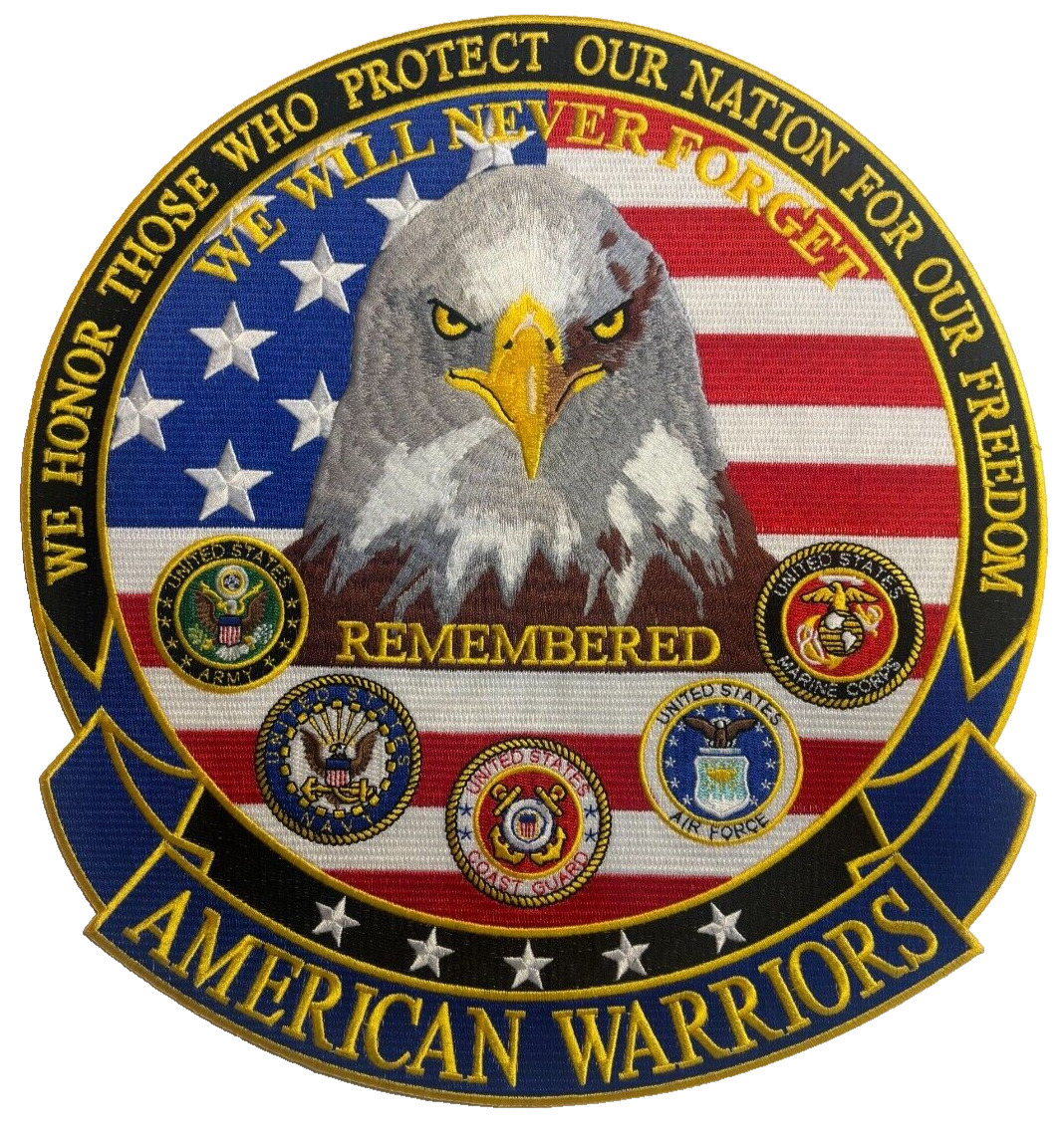 AMERICAN WARRIORS WE HONOR THOSE WHO PROTECT LARGE BIKER PATCH IRON ON 12X11 INC