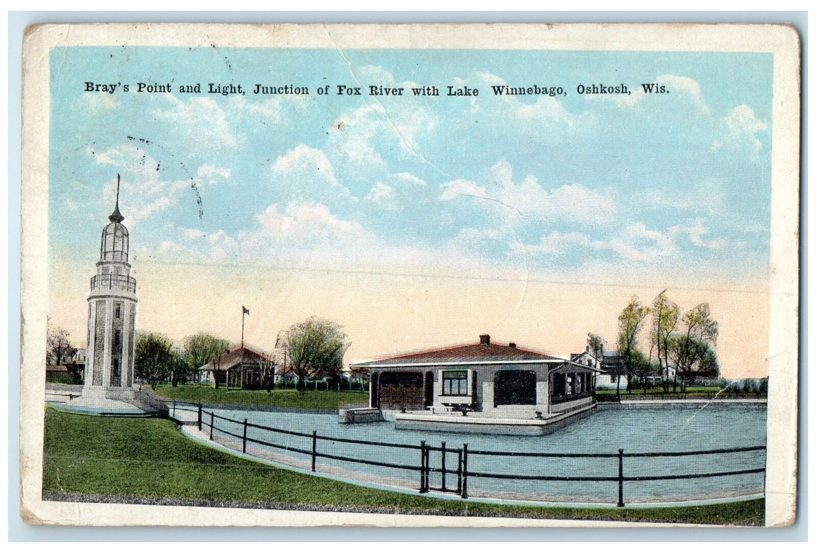 c1920 Bray Point & Light Junction Fox River Winnebago Oshkosh Wisconsin Postcard