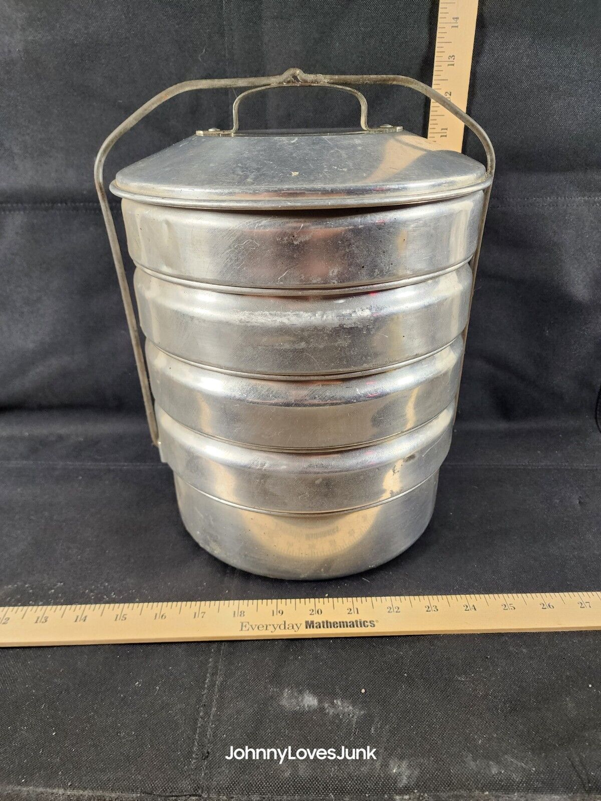 Vintage Coal Miner Lunch Box Aluminum 5 Tier Stacking With Rare Handle Included 