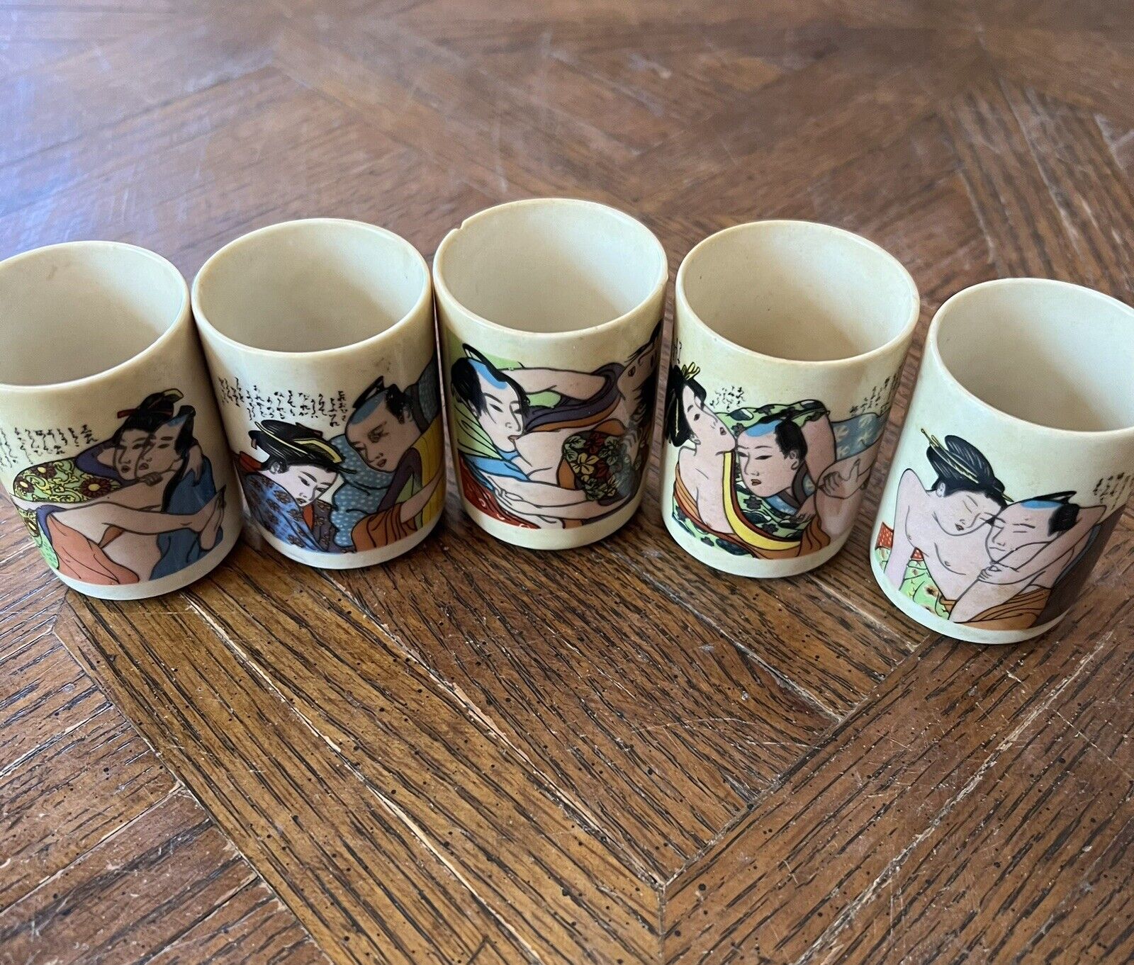 Vintage Japanese Porcelain Saki Cups Set Of 5