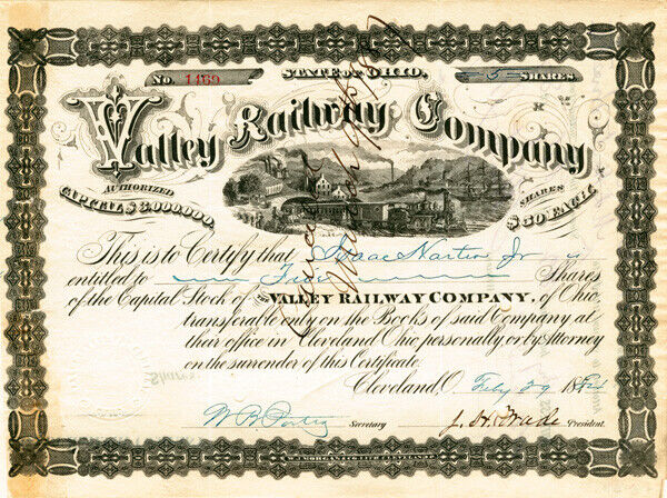 J. H. Wade - Valley Railway Co - Stock Certificate - Autographed Stocks & Bonds