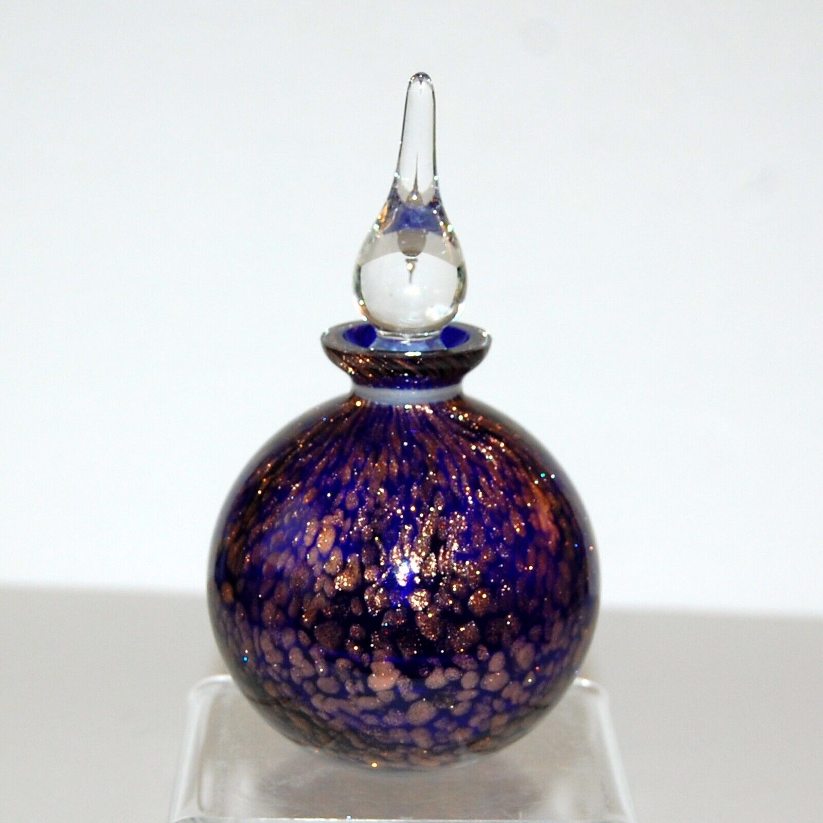 Vintage Murano Style Perfume Bottle Hand Blown Cobalt Blue & Copper Metallic