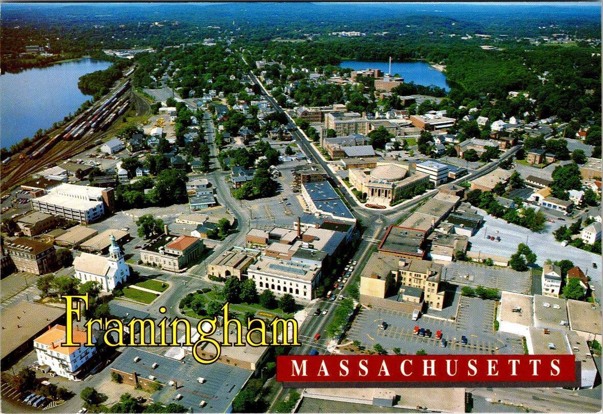 Framingham, MA Massachusetts  DOWNTOWN BIRD'S EYE VIEW Middlesex Co 4X6 Postcard
