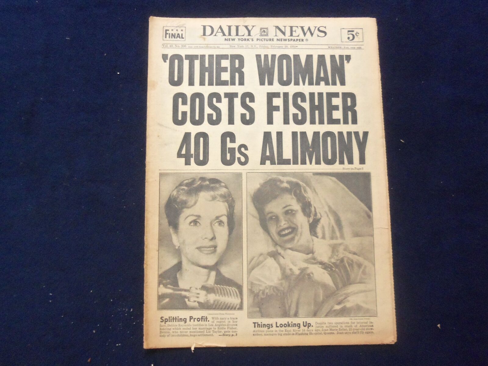 1959 FEB 20 NEW YORK DAILY NEWS NEWSPAPER - FISHER & REYOLDS DIVORCE - NP 6733