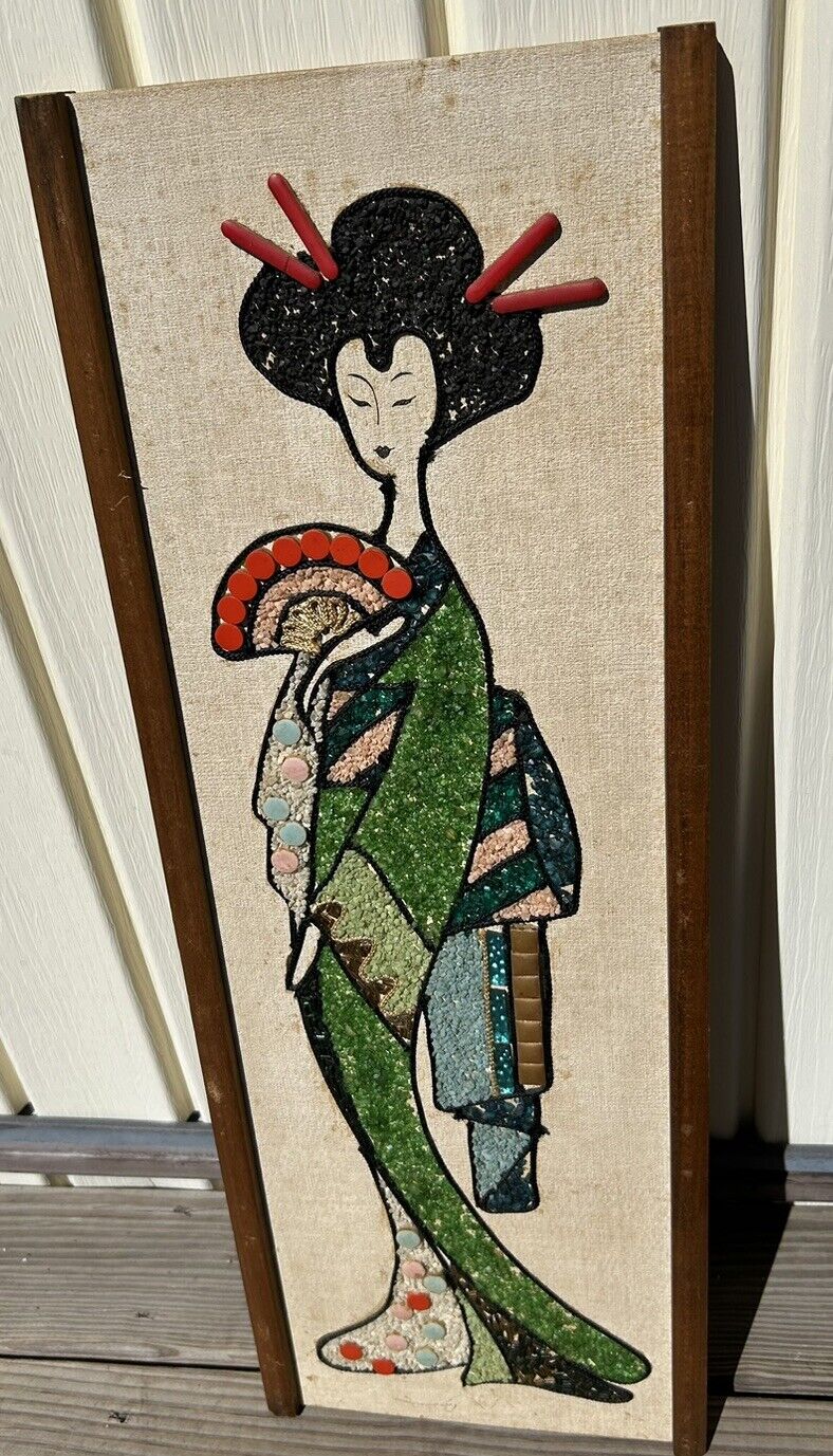Vintage MCM Gravel Pebble Mosaic Wall Art Geisha Woman 28” x 8” EXCELLENT