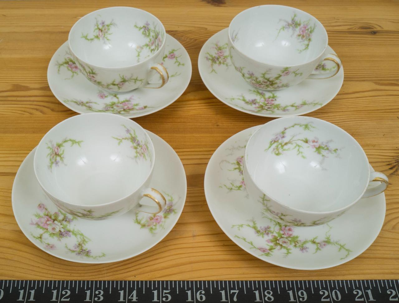 Set of 4 Theodore Haviland Limoges France Tea Cups & Saucers Floral w/ Gold hk