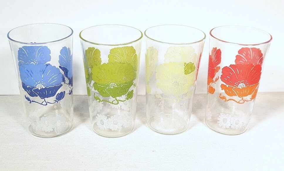 Vintage Set of 4 Midcentury Poppy and Daisy Juice Drinking Tumbler Glasses Small