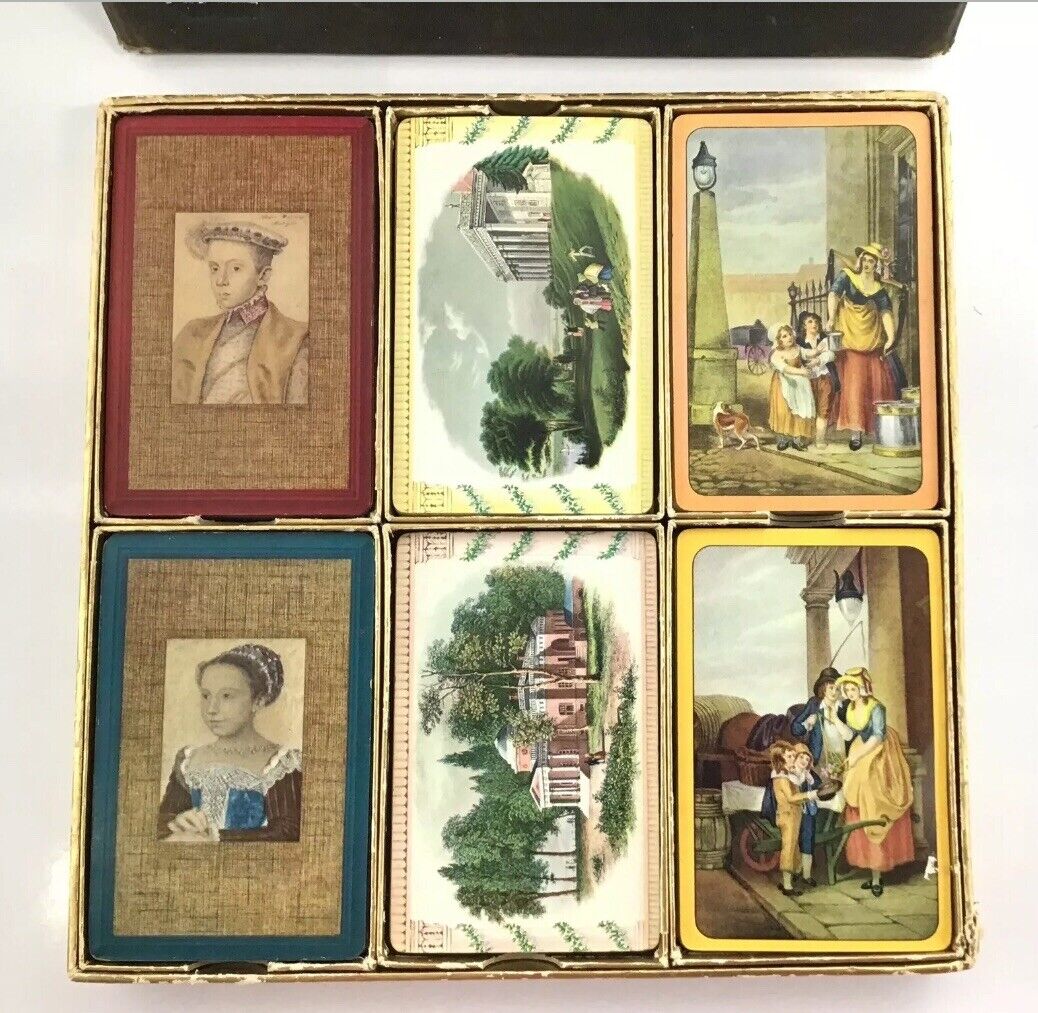 Vintage 1939 Guild Playing Cards 6 Decks w/ Satin Box Holbien London Vernon RARE