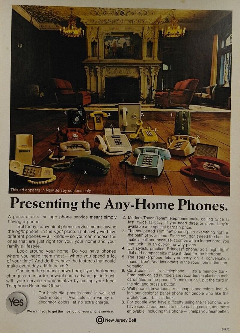 1974 Print Ad New Jersey Bell Telephone Service Corded Landline Phones Vtg Color