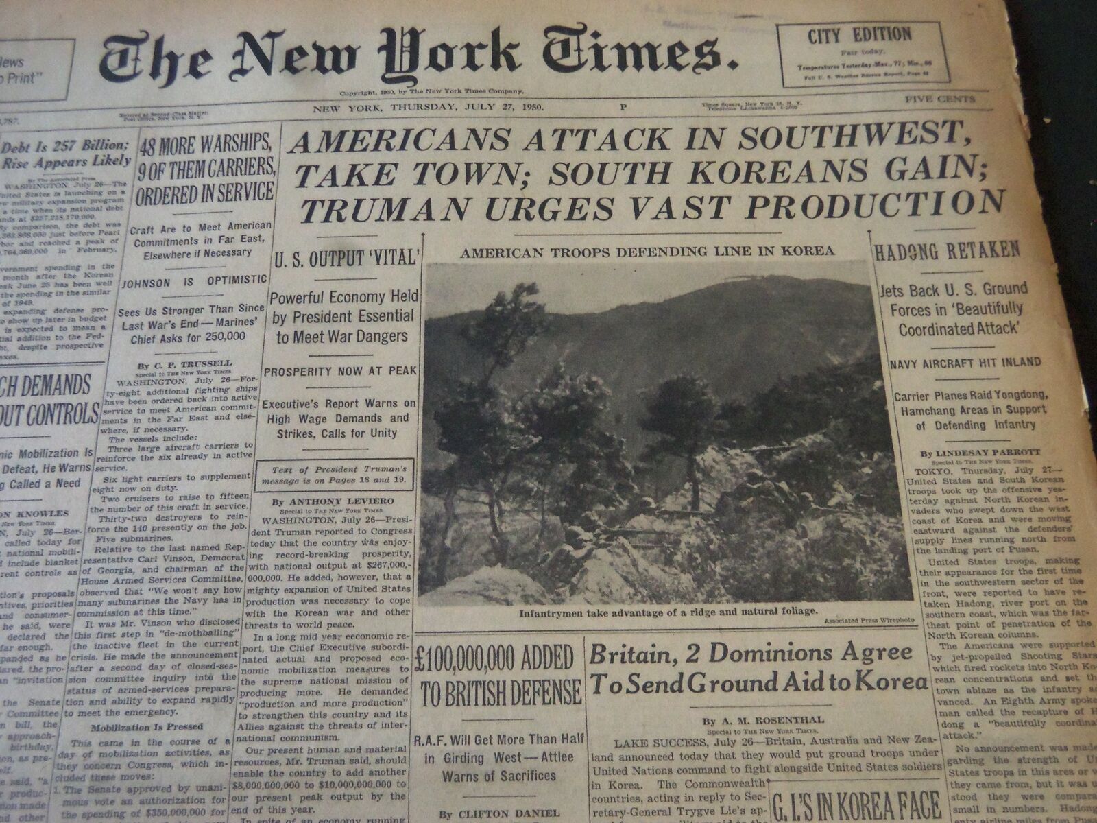 1950 JULY 27 NEW YORK TIMES - AMERICANS ATTACK IN SOUTHWEST - NT 5962