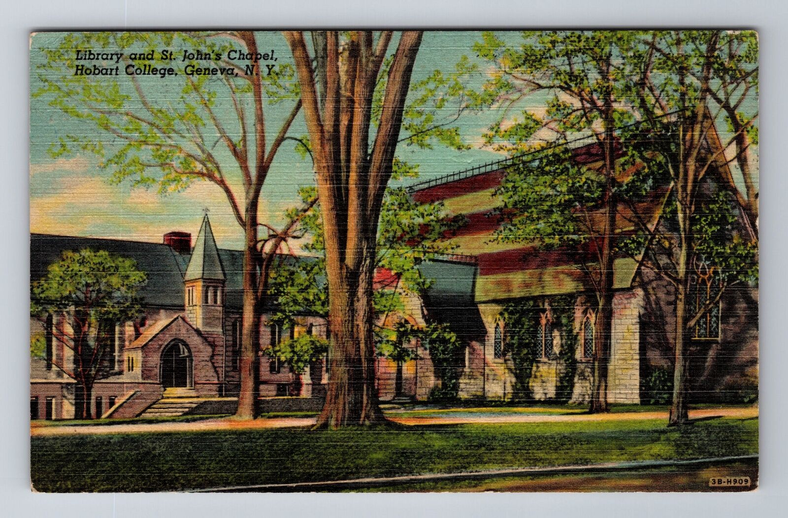 Geneva NY-New York, Hobart College, Library & Chapel, Vintage Souvenir Postcard