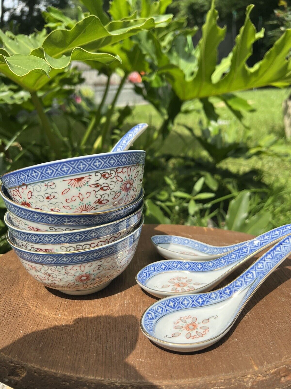 Set Of 4 Chinese Blue/White & Gold Rice Bowl & Spoon Sunflower | Rice Eye