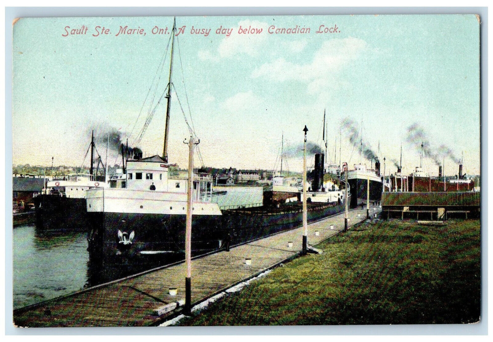 c1910 Busy Day Below Canadian Lock Sault Ste Marie Ontario Canada Postcard