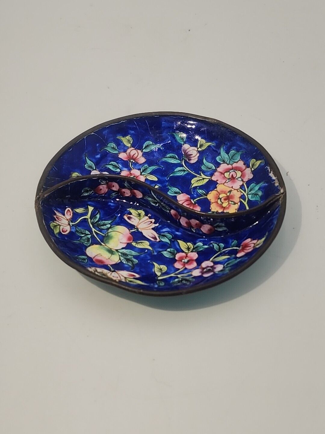 Vintage Cloisonné blue enamel over copper  pink floral divided trinket tray
