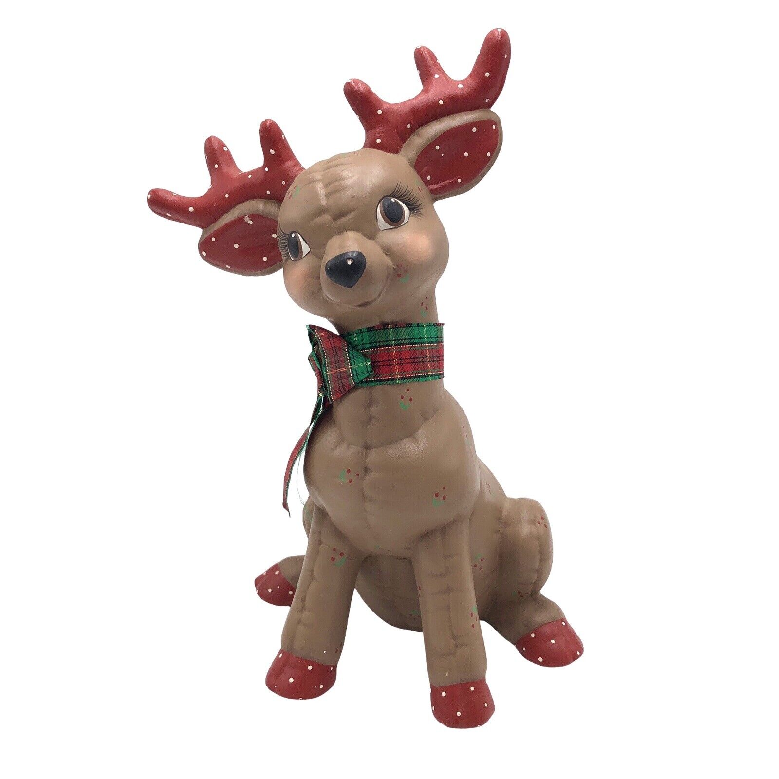 VTG Kimple Reindeer Ceramic Mold Quilted Holly Bow Girl Doe Deer Red Antlers 10”