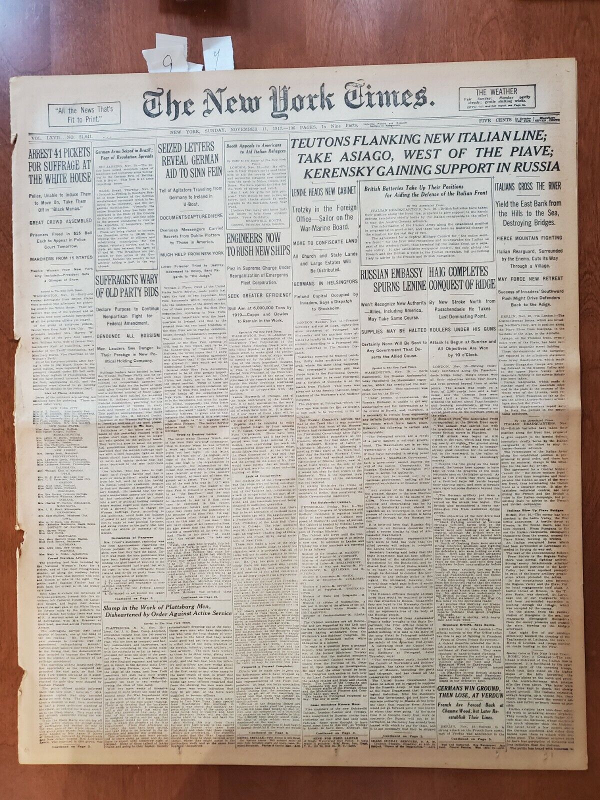 1917 NOVEMBER 11 NEW YORK TIMES - KERENSKY GAINING SUPPORT IN RUSSIA - NT 8066