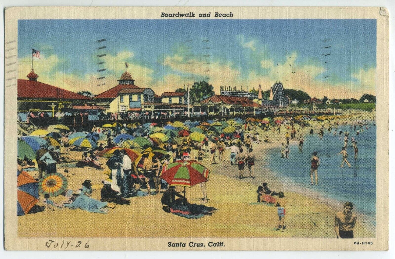 Santa Cruz Beach Boardwalk CA postcard 1938 Amusement Park Big Dipper Casino A3
