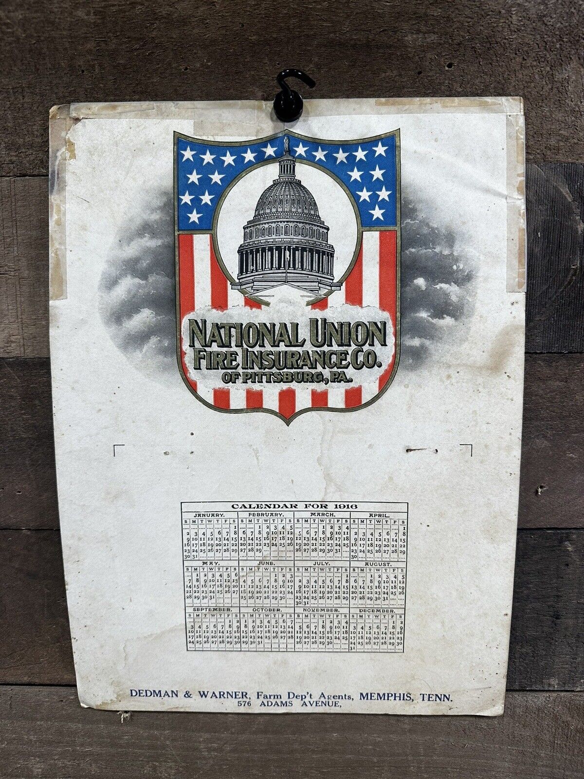 Antique 1916 “National Union Fire Insurance Co.” Calendar Pittsburgh, PA