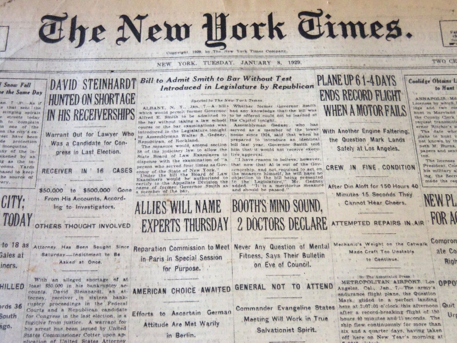 1929 JANUARY 8 NEW YORK TIMES - PLANE ENDS RECORD 6 1/4 DAYS FLIGHT - NT 6564