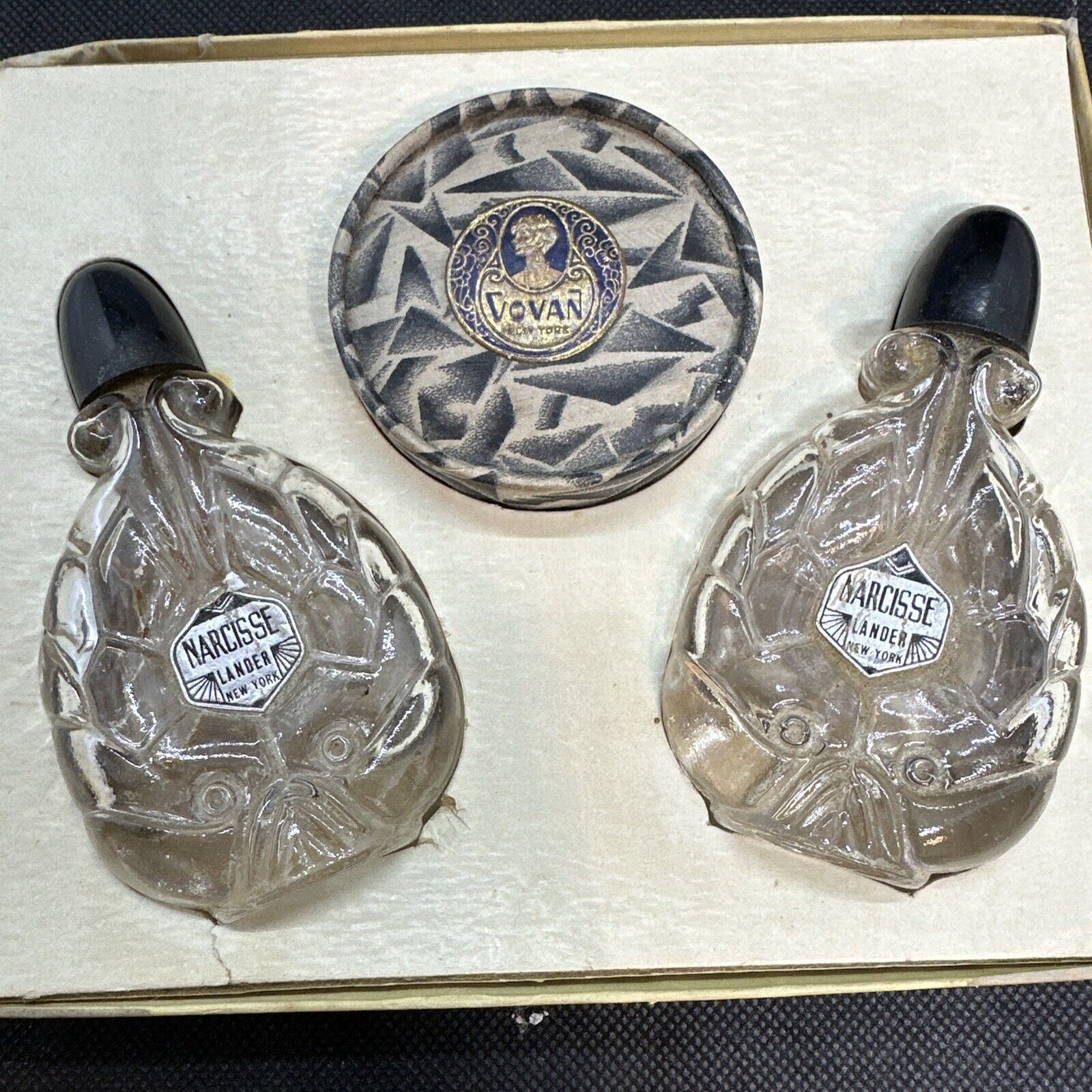 Vintage Art Deco Narcisse Lander Boxed Set of 2 Empty Perfumes & 1 Powder Box