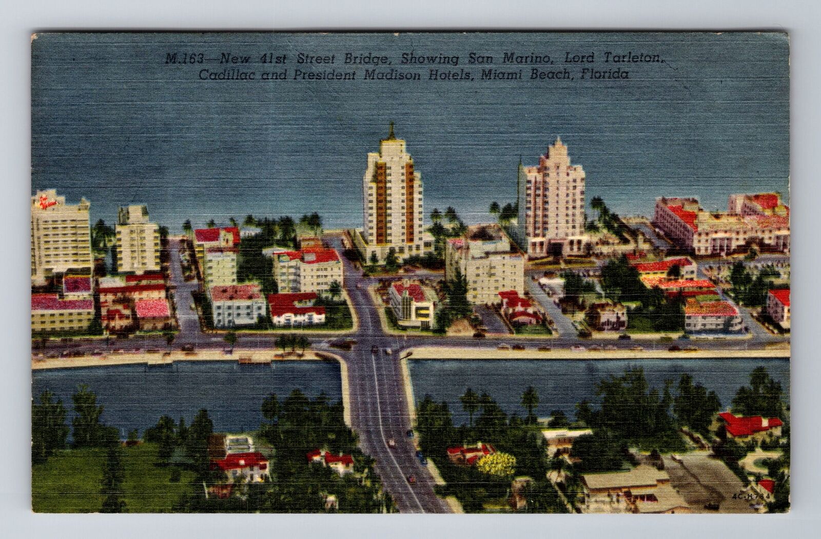 Miami Beach FL-Florida, New 41st St Bridge, Row Hotels Souvenir Vintage Postcard