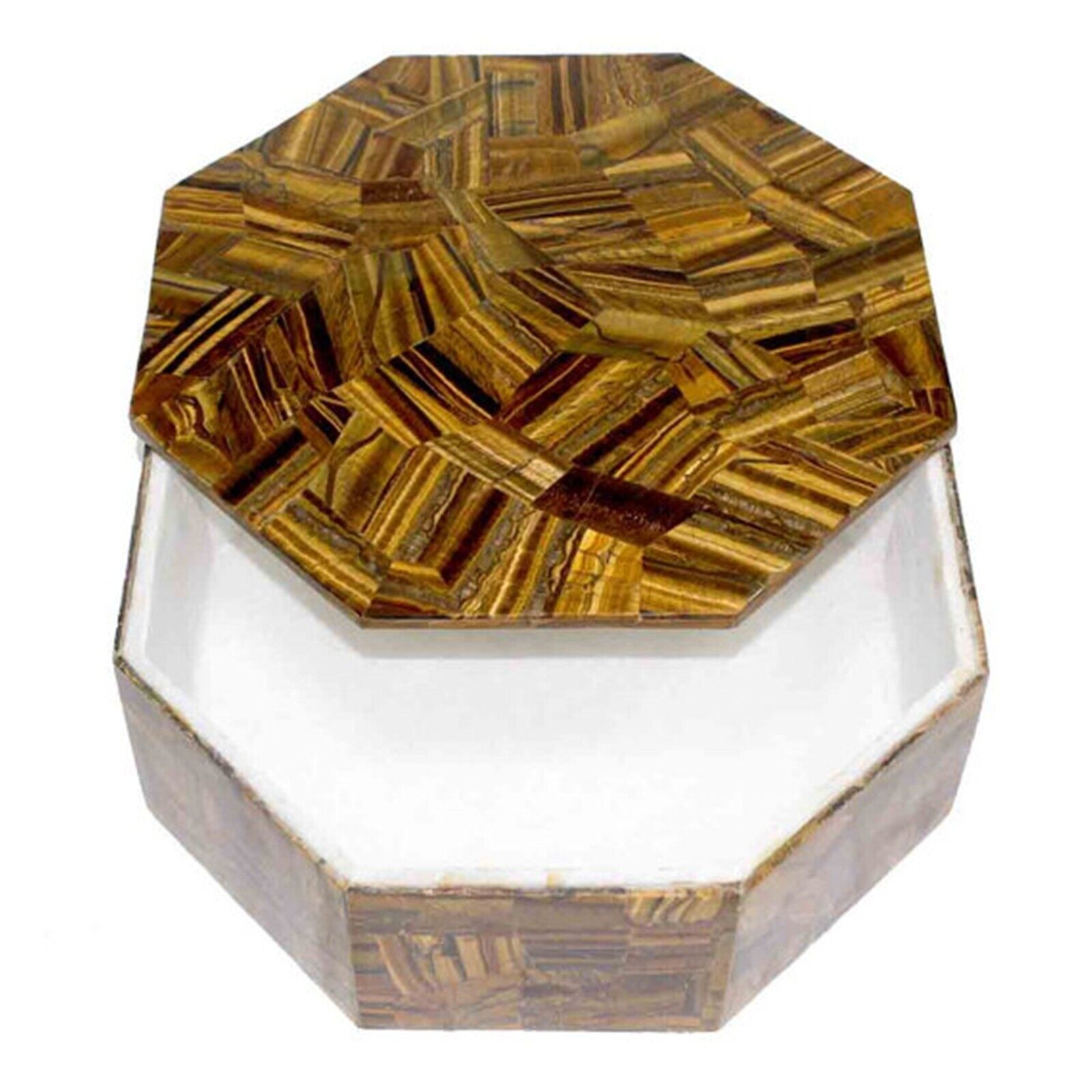 Octagonal White Marble Jewelry Box Tiger Eye Stone Overlay Work Accessories Box