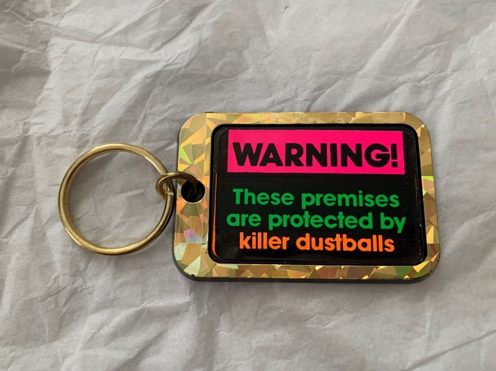 VTG Warning Premises Killer Dustballs Keychain Key Chain Kitschy Cleaning Gift